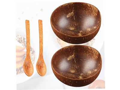 Cuenco de Coco Diseño de Palma con Cáscaras Set de Cuencos de Madera Tejidos a Mano